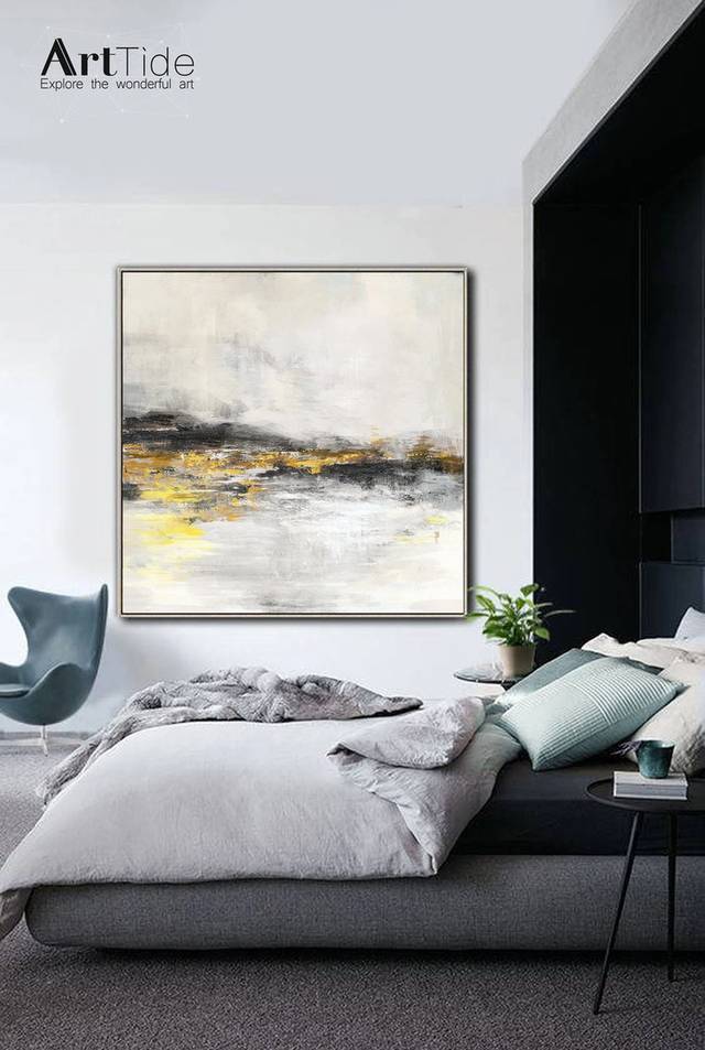 White Handmade Living Room Yellow Abstract Canvas Wall Art EL6CZ